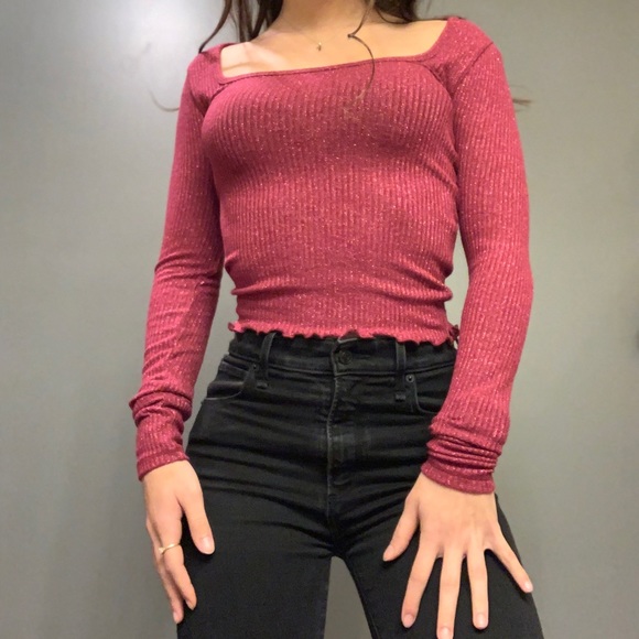 Abercrombie & Fitch Tops - Cropped ribbed long-sleeve pink sparkly shirt